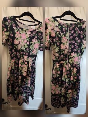 LuLaRoe Amelia Black Midi Dress with Pink & Green Floral Print